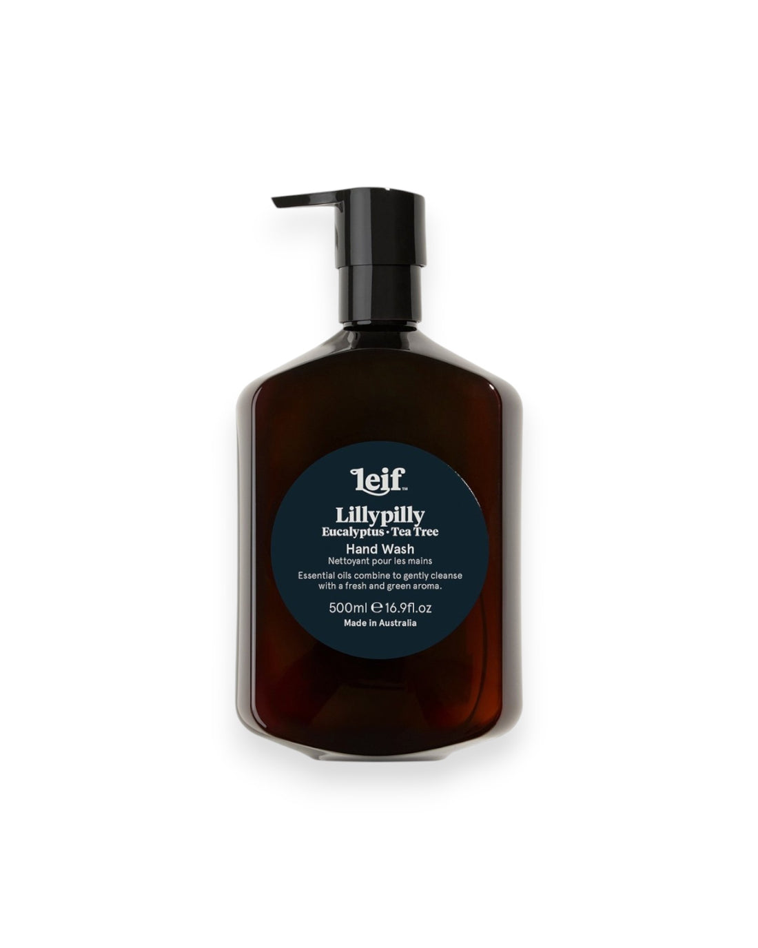 A 500ml dark amber bottle of Leif Lillypilly Body Cleanser with a black pump dispenser, set against a plain white background.
