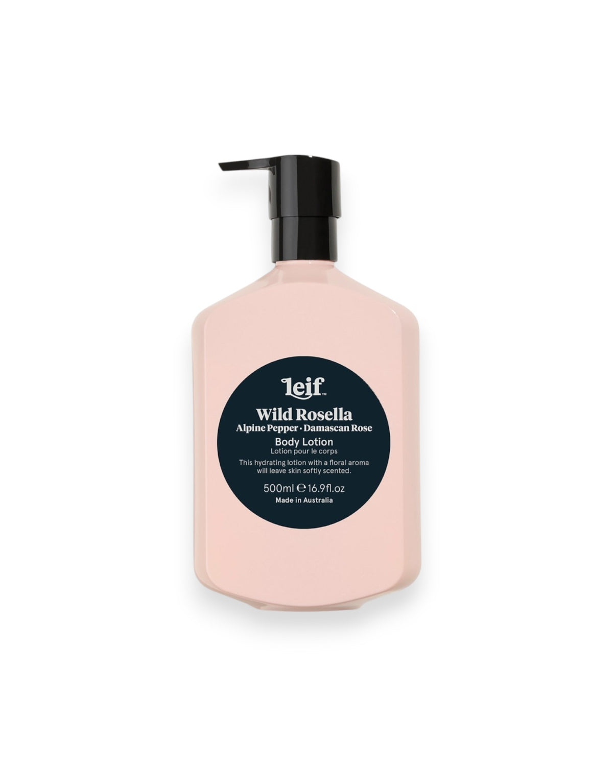 A 500ml pump bottle of Leif Wild Rosella Body Lotion, featuring a pale pink bottle, a black pump dispenser, and a black circular label with white text, set against a plain white background.