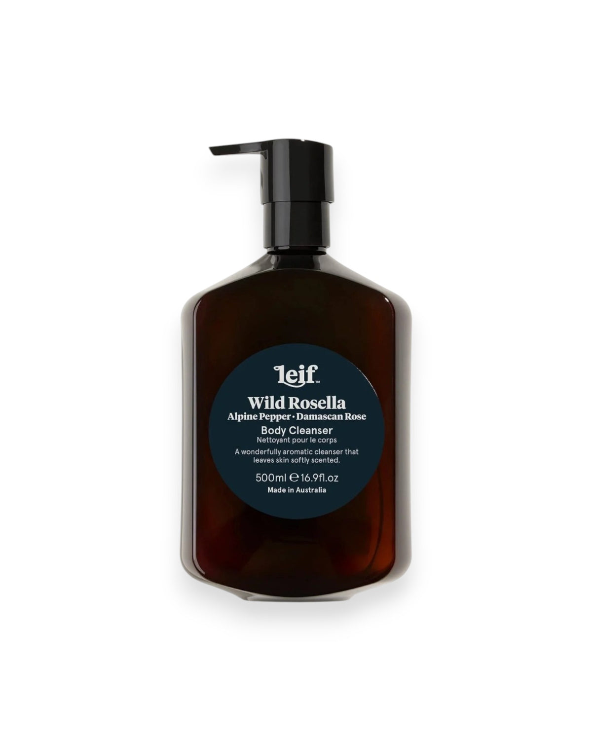 A 500ml dark amber bottle of Leif Wild Rosella Body Cleanser with a black pump dispenser, set against a plain white background.