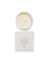 Birdseye view of a round unlit candle next to its square box that features a white lid with a baby blue coloured circle. The box reads Bougie Perfumee 280g, set on an all white background.