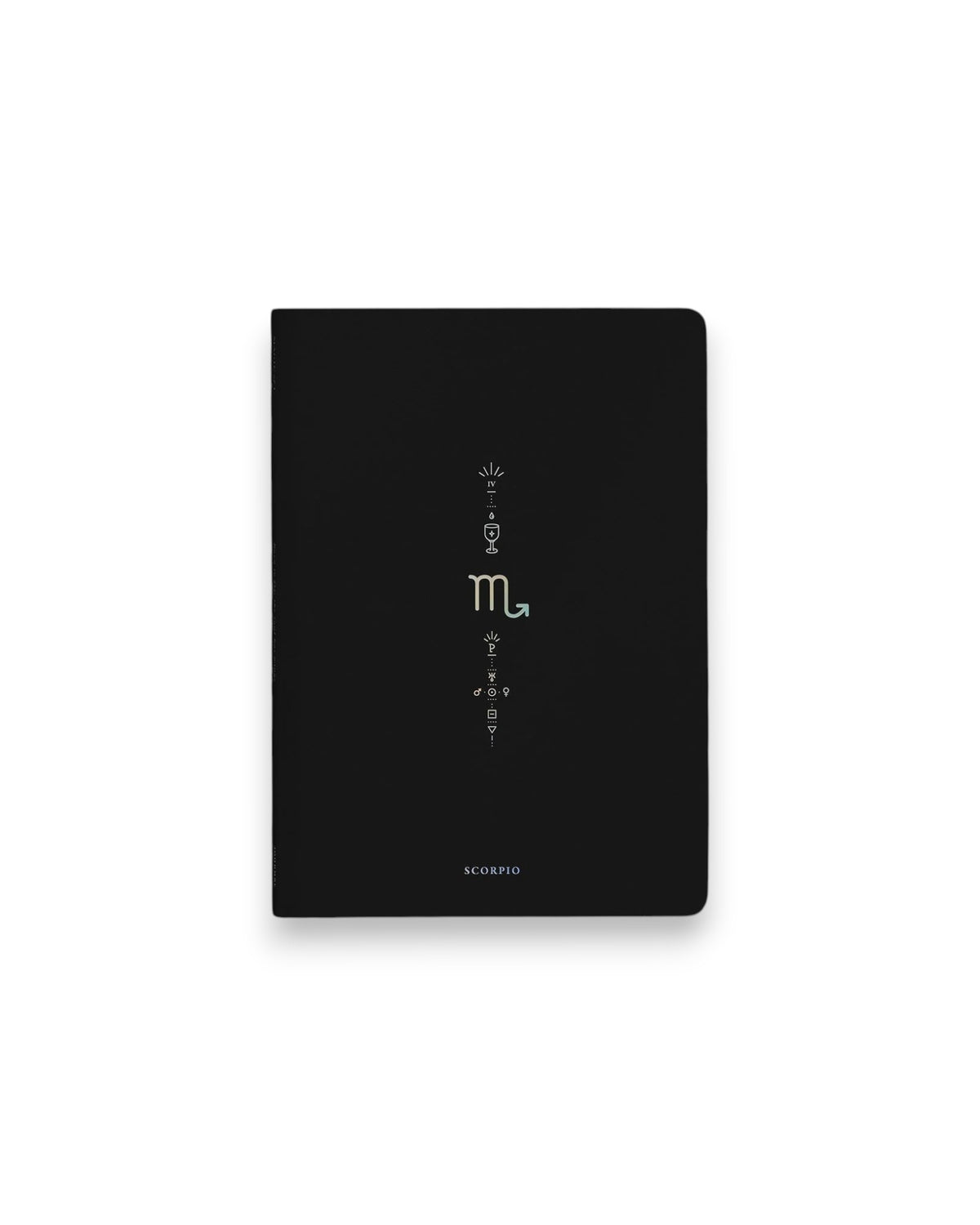 A black hardcover notebook featuring the Scorpio zodiac sign and its chart symbols printed in metallic on the front cover, set against a clean white background.