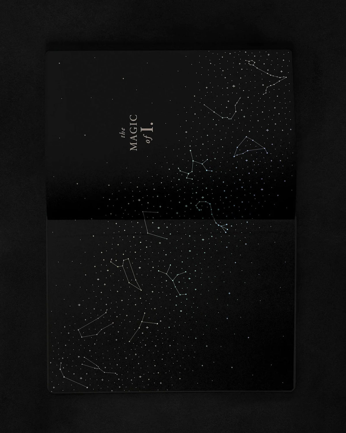 A black hardcover notebook or journal with a starry constellation pattern, shown open against a dark background. The top cover features the text &