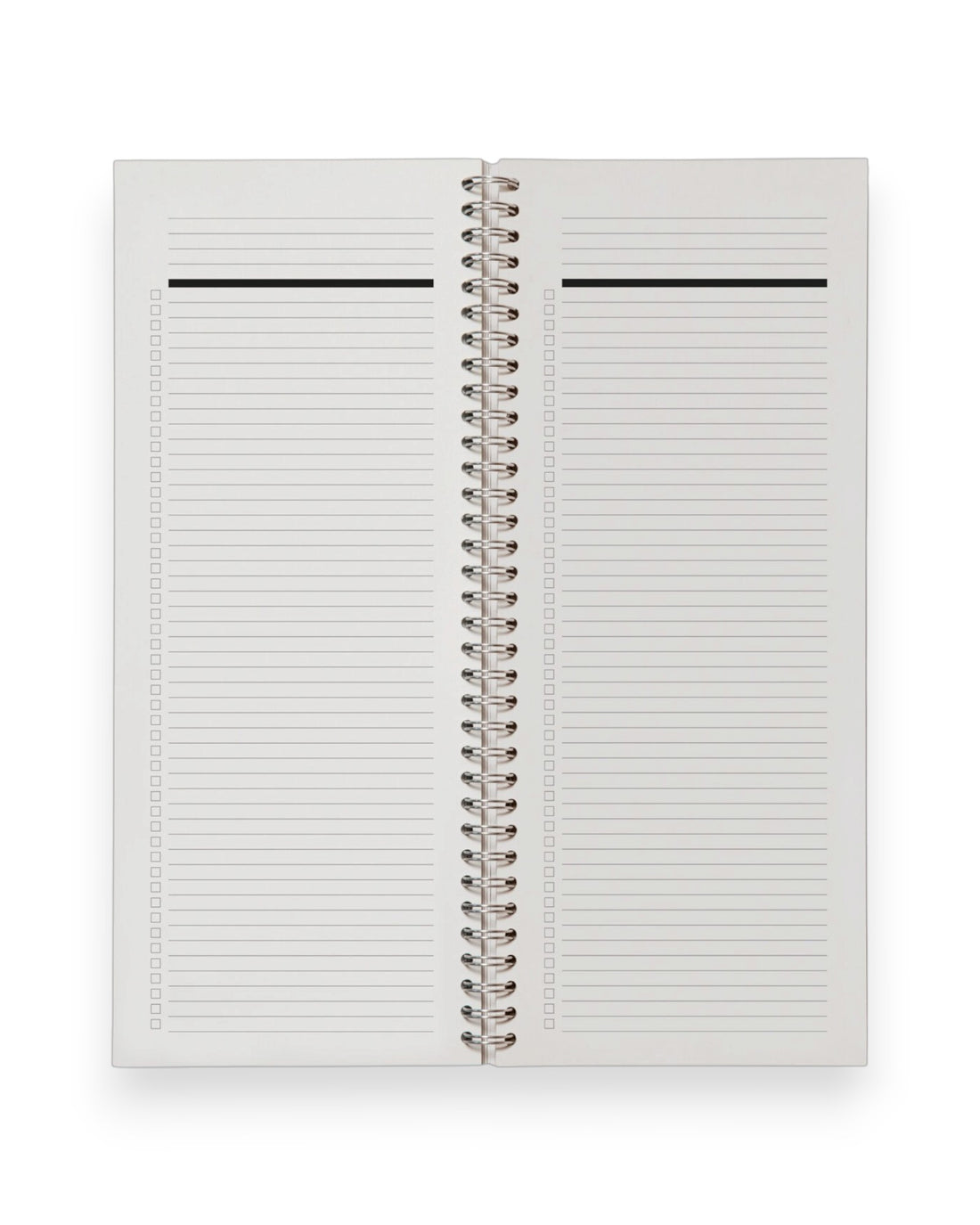 An open spread of a tall ledger style, lined notebook with wire binding. Set on a solid white background.