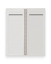 An open spread of a tall ledger style, lined notebook with wire binding. Set on a solid white background.