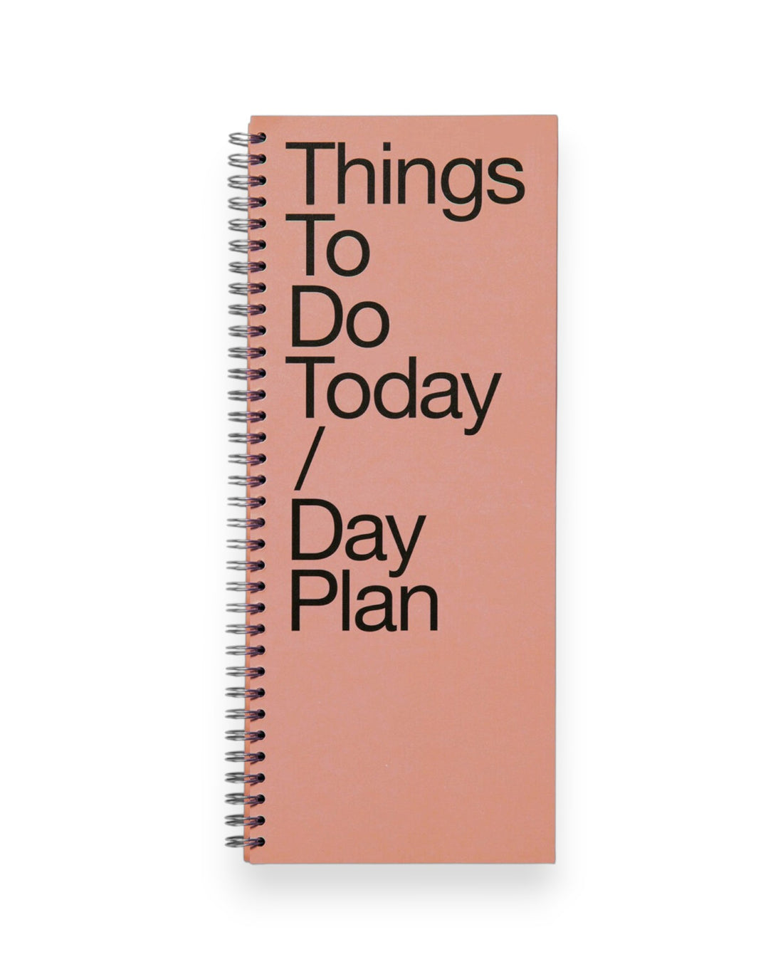 Tall, rectangular, pink ring-bound day planner with large, bold black letters which read Things To Do Today / Day Plan on a solid white background. 