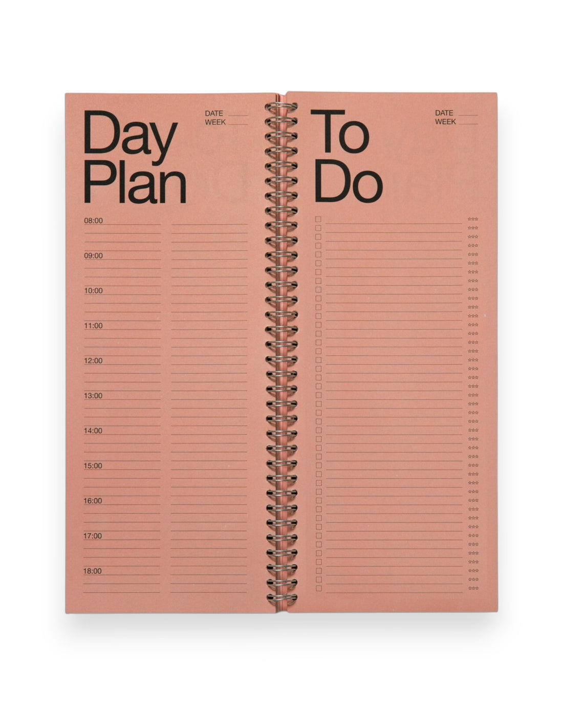 An open spread of a tall, rectangular ring-bound planner with pink pages. Set on a solid white background. 