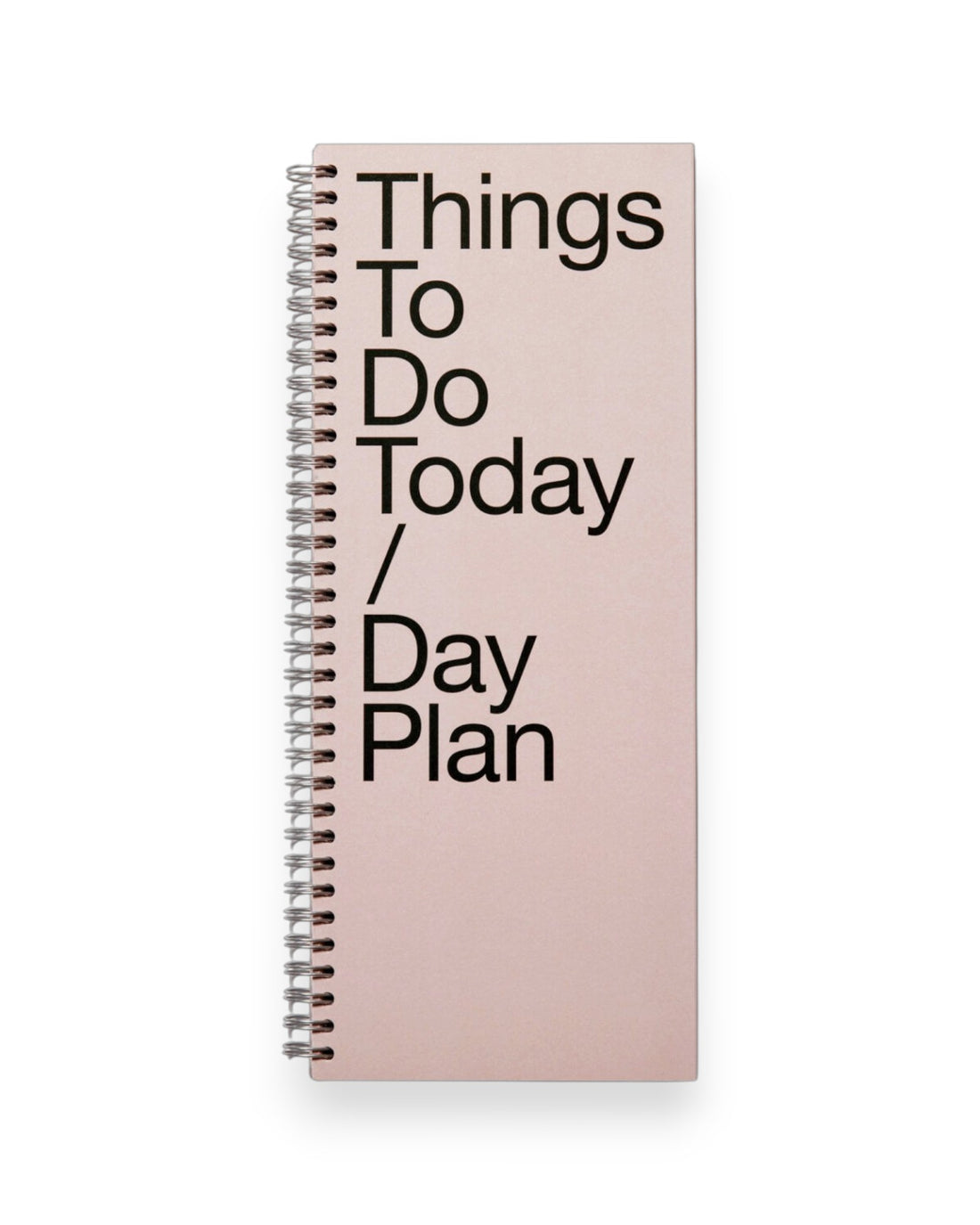 Tall, rectangular, light pink ring-bound planner with large, bold black letters which read Things To Do Today / Day Plan on a solid white background. 