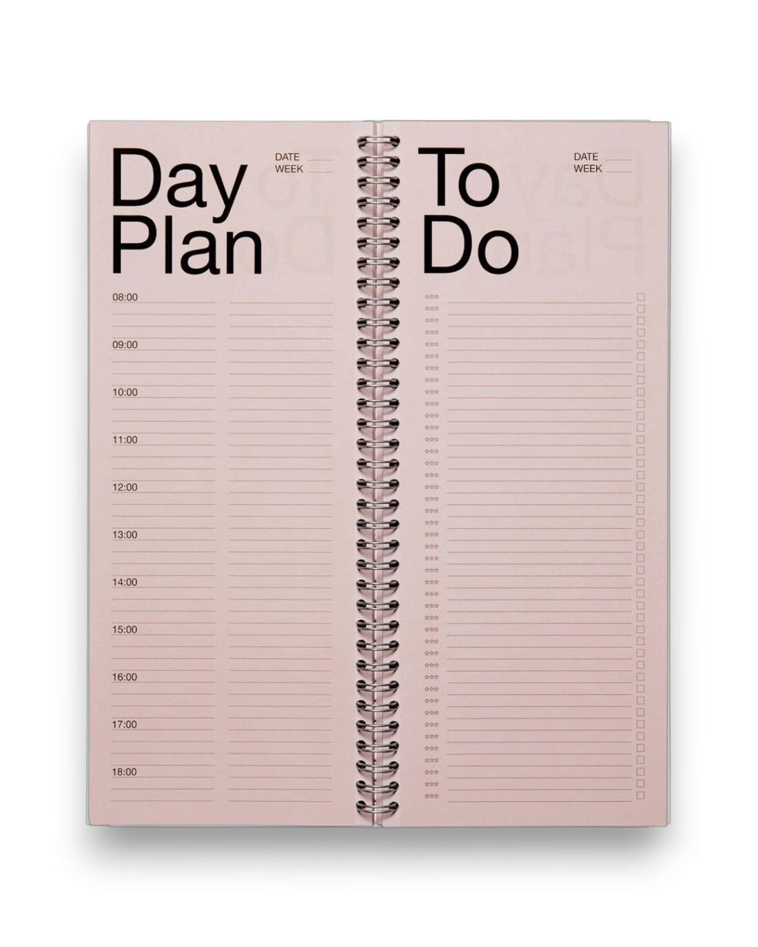 An open spread of a tall, rectangular ring-bound planner with light pink pages, set on a solid white background. 