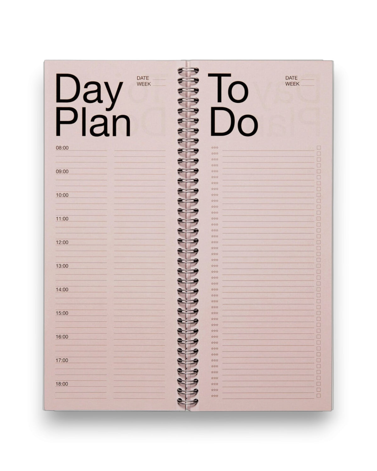 An open spread of a tall, rectangular ring-bound planner with light pink pages, set on a solid white background. 