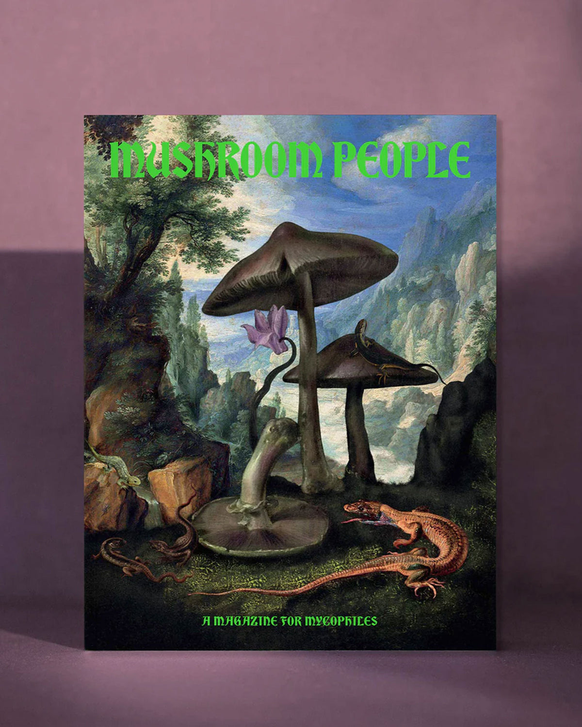 Cover of Mushroom People Magazine Volume One on a purple background. Cover shows an illustration of mushrooms in a prehistoric setting with the title Mushroom People in fluro green and a footnote that reads A Magazine for Mycophiles. 