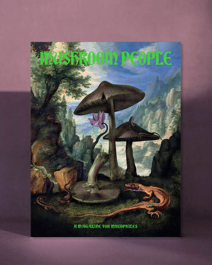 Cover of Mushroom People Magazine Volume One on a purple background. Cover shows an illustration of mushrooms in a prehistoric setting with the title Mushroom People in fluro green and a footnote that reads A Magazine for Mycophiles. 