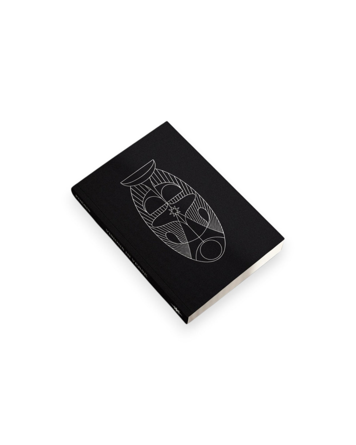 A copy of The Poesis Visions and Verses Guidebook, an all-black cover with a white geometric illustration, no text. Set on a solid white background. 