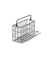 A black rectangular wire basket with handle set on a white background. 