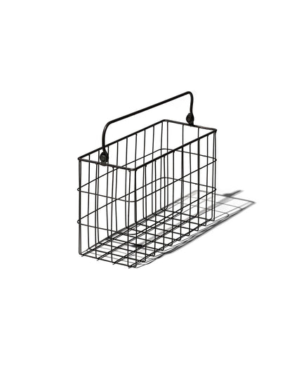 A black rectangular wire basket with handle set on a white background. 