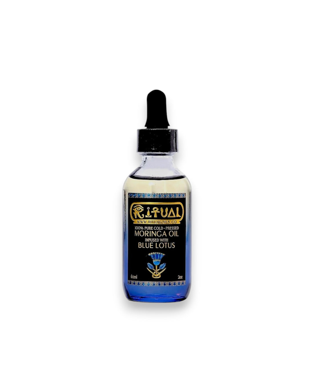 A blue ombre glass bottle with a black dropper lid and a black, gold and blue label that reads Ritual 100% pure cold-pressed Moringa oil infused with blue lotus. Set on a solid white background.