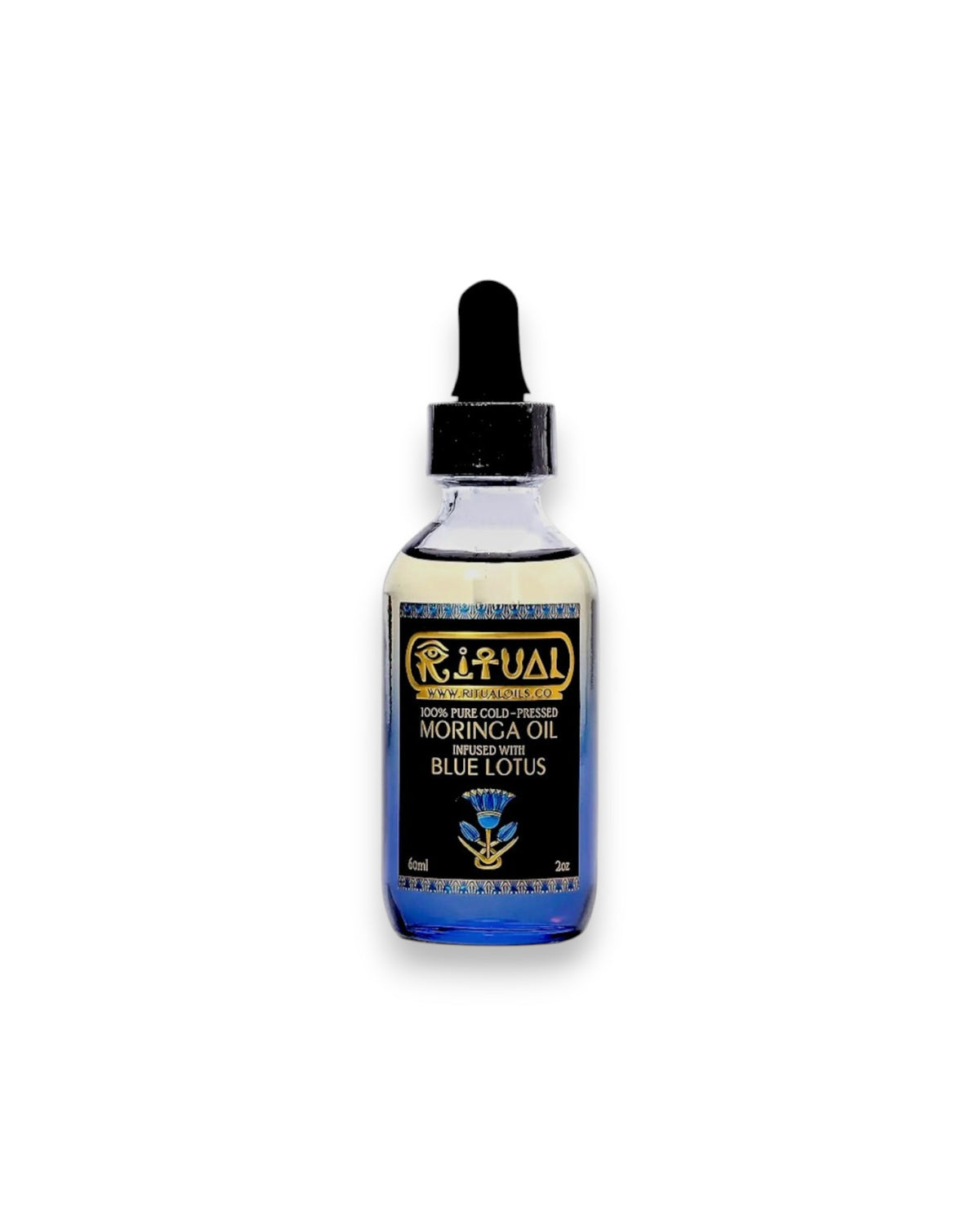 A blue ombre glass bottle with a black dropper lid and a black, gold and blue label that reads Ritual 100% pure cold-pressed Moringa oil infused with blue lotus. Set on a solid white background.
