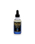 A blue ombre glass bottle with a black dropper lid and a black, gold and blue label that reads Ritual 100% pure cold-pressed Moringa oil infused with blue lotus. Set on a solid white background.
