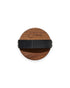 The back of a Sodashi Dry Body Brush showing the Sodashi logo, a black elastic backstrap and the dark stained wood. The brush is a perfect circle. White background.