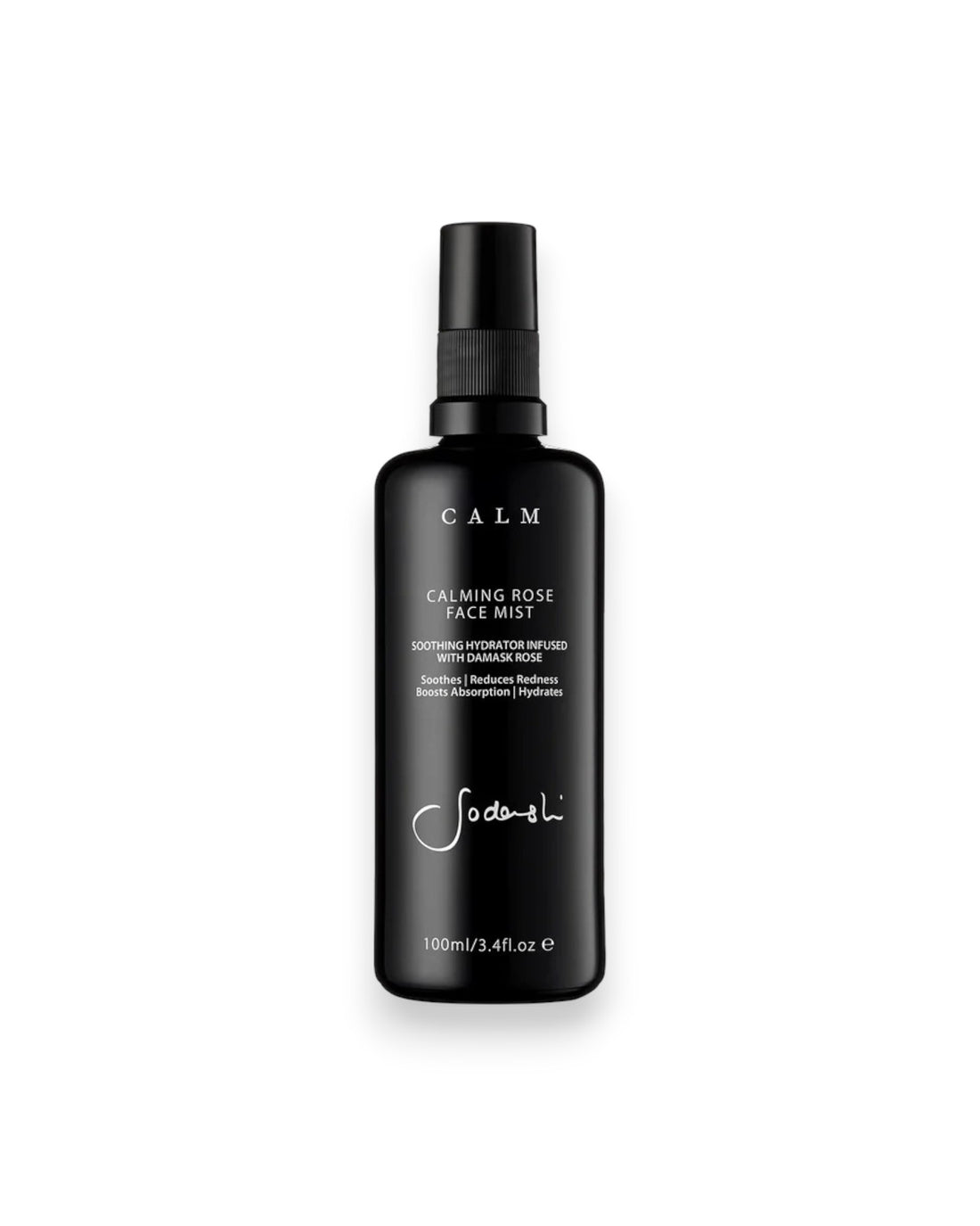 Sodashi Calming Rose Face Mist, black miron glass bottle with black plastic lid and white printed lettering on bottle. White background.