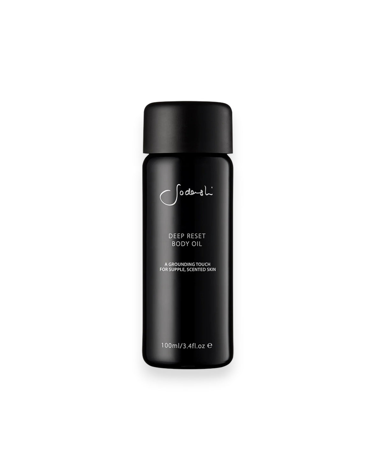 A black cylindrical glass bottle of Sodashi&