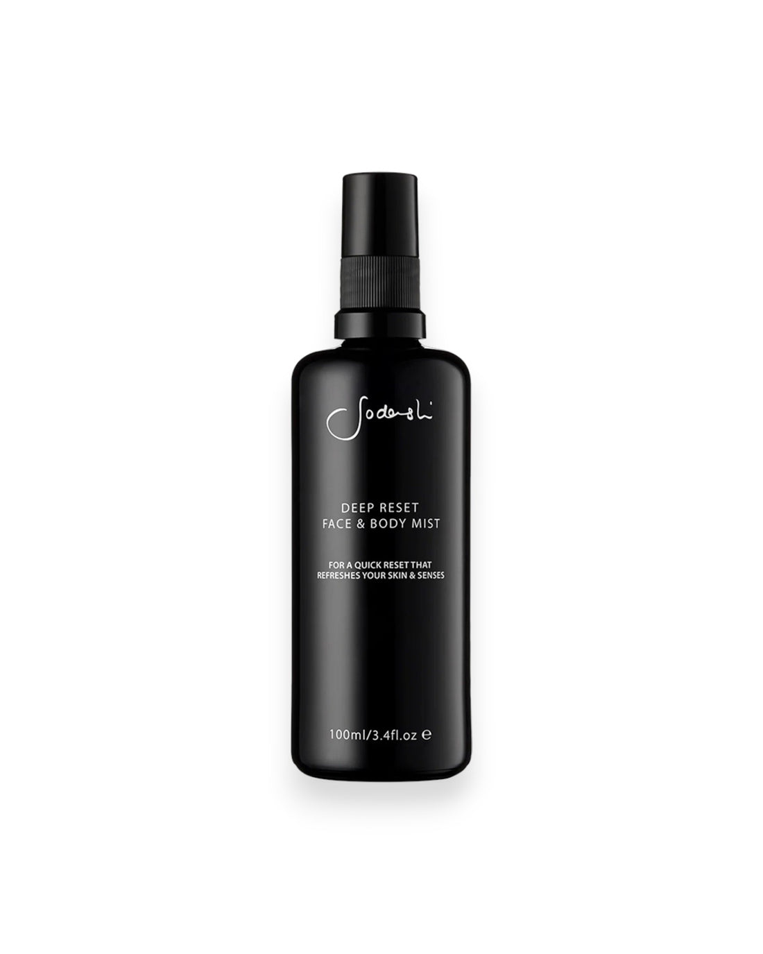Sodashi Deep Reset Face and Body Mist, black miron glass bottle with black plastic lid and white printed lettering on bottle. White background.