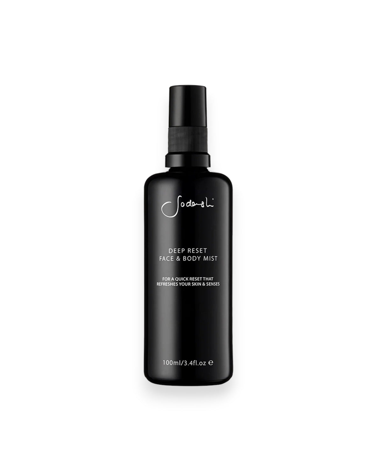 Sodashi Deep Reset Face and Body Mist, black miron glass bottle with black plastic lid and white printed lettering on bottle. White background.