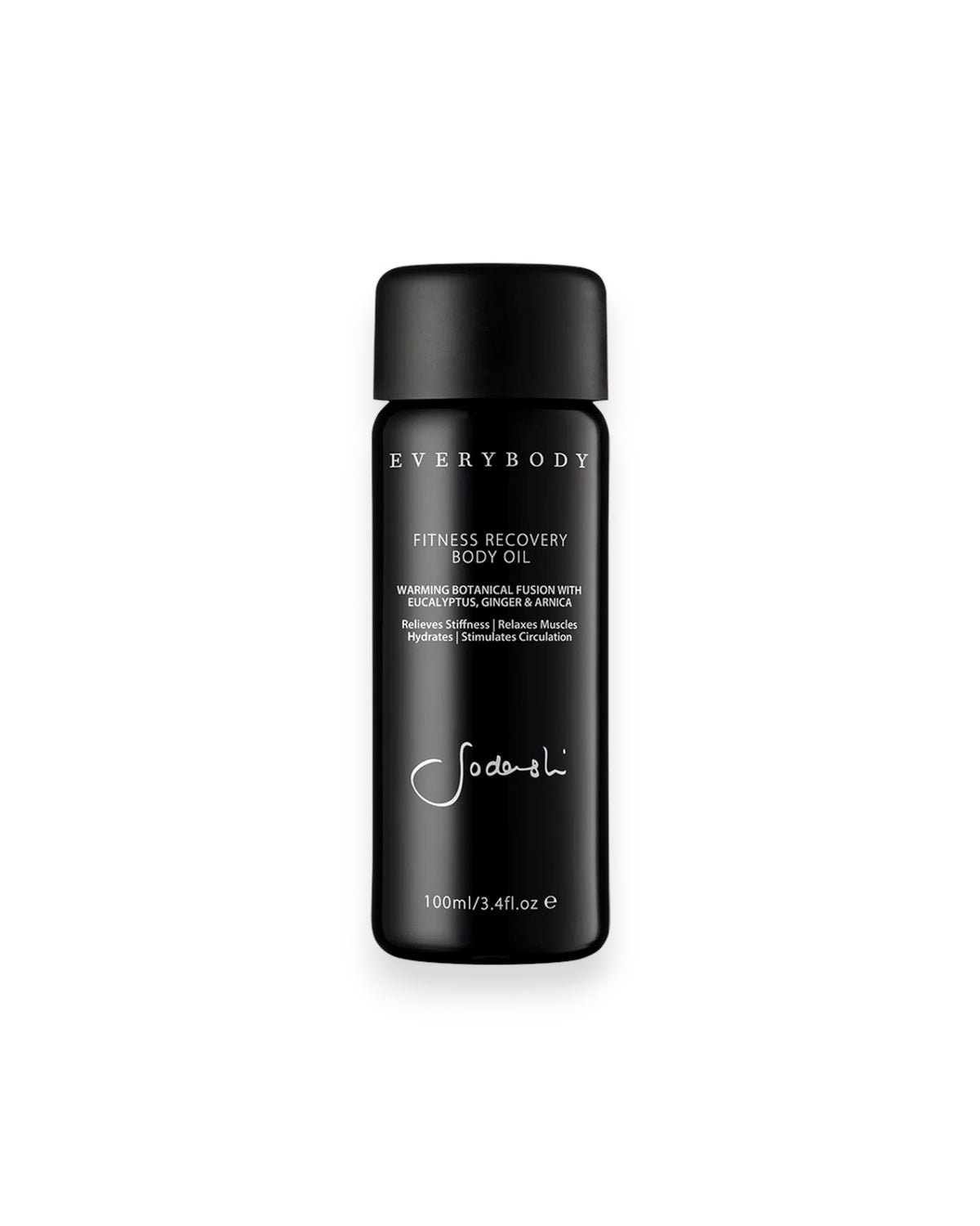 A black cylindrical, glass bottle of Sodashi&