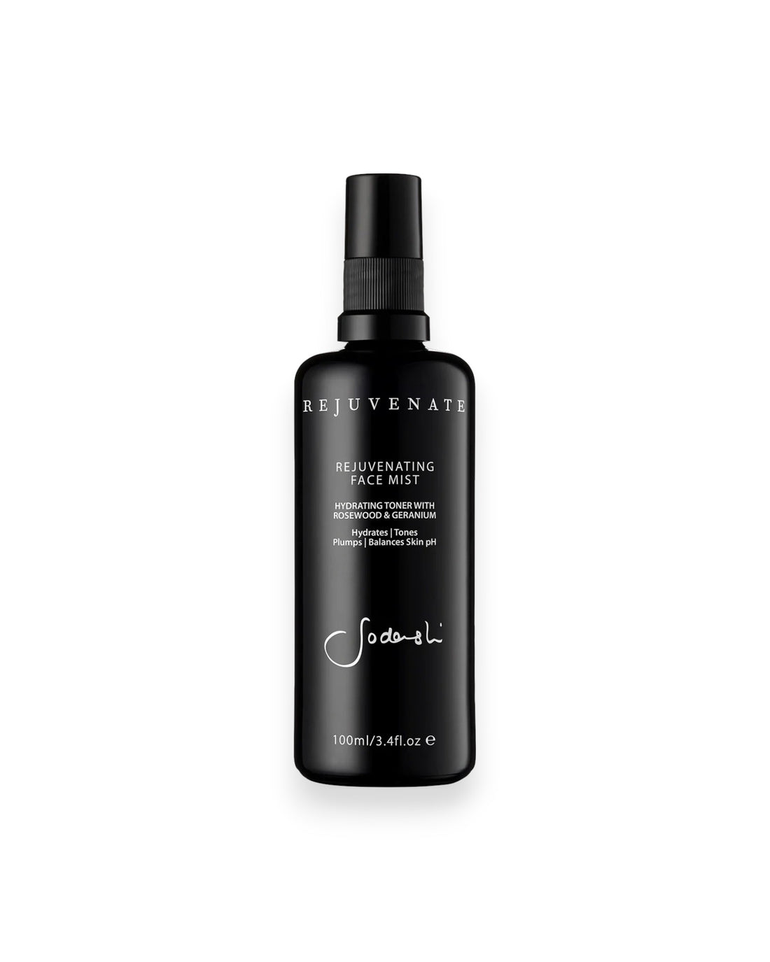 Sodashi Rejuvenating Face Mist, black miron glass bottle with black plastic lid and white printed lettering on bottle. White background.