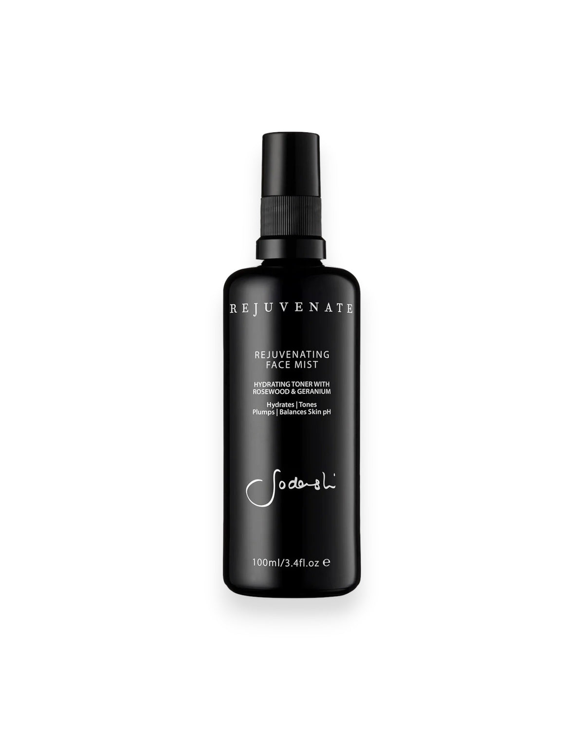Sodashi Rejuvenating Face Mist, black miron glass bottle with black plastic lid and white printed lettering on bottle. White background.