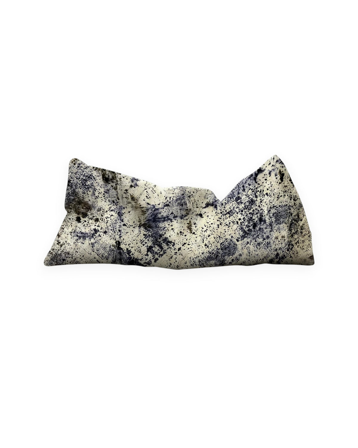A rectangular weighted eye pillow in beige with purple abstract speckled patterns, shown on a plain white background.