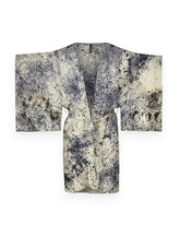 A purple and cream abstract coloured silk kimono style robe against white background.