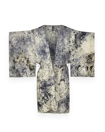 A purple and cream abstract coloured silk kimono style robe against white background.