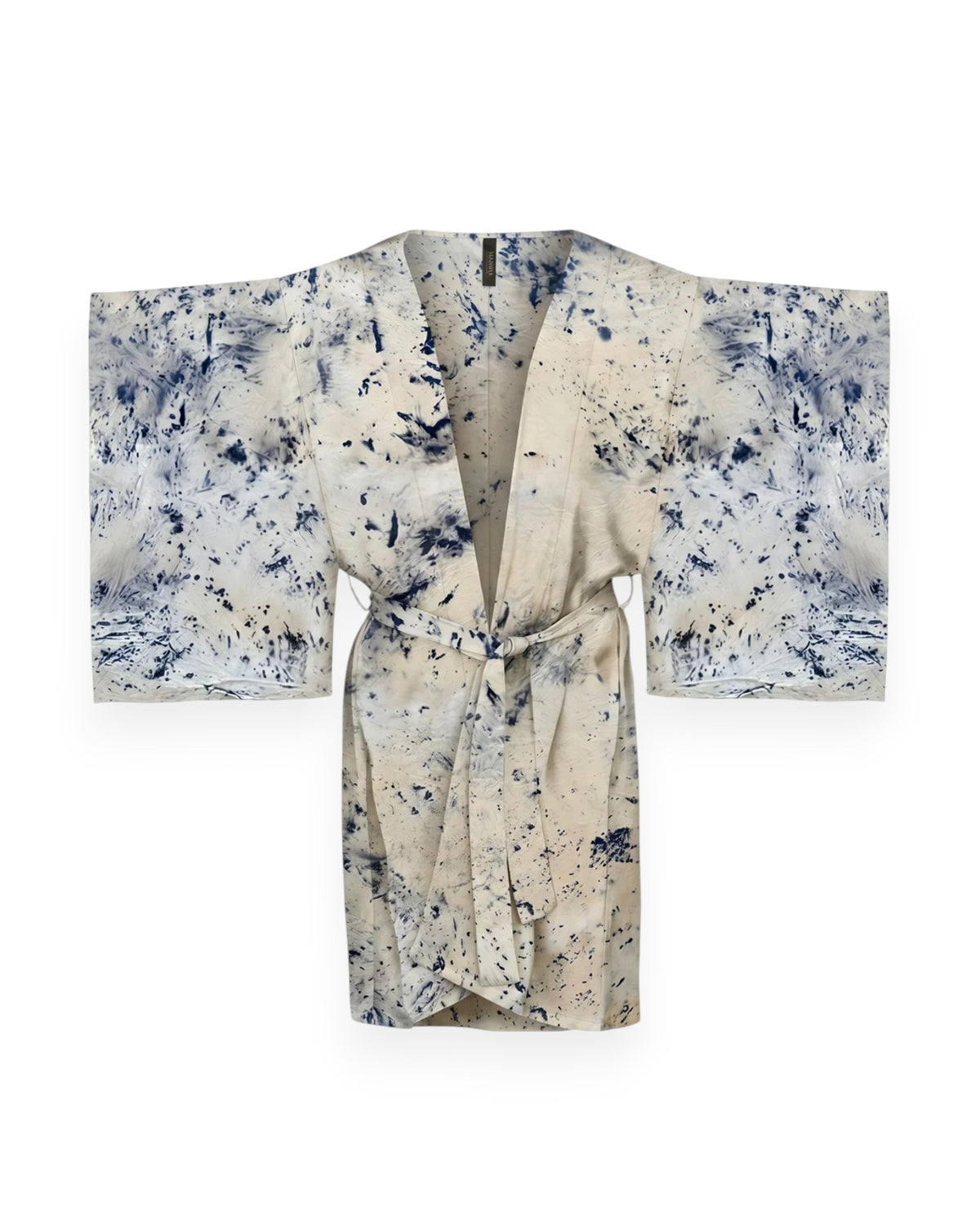 A blue and cream abstract coloured silk kimono style robe against white background.