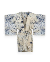 A blue and cream abstract coloured silk kimono style robe against white background.