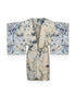 A blue and cream abstract coloured silk kimono style robe against white background.
