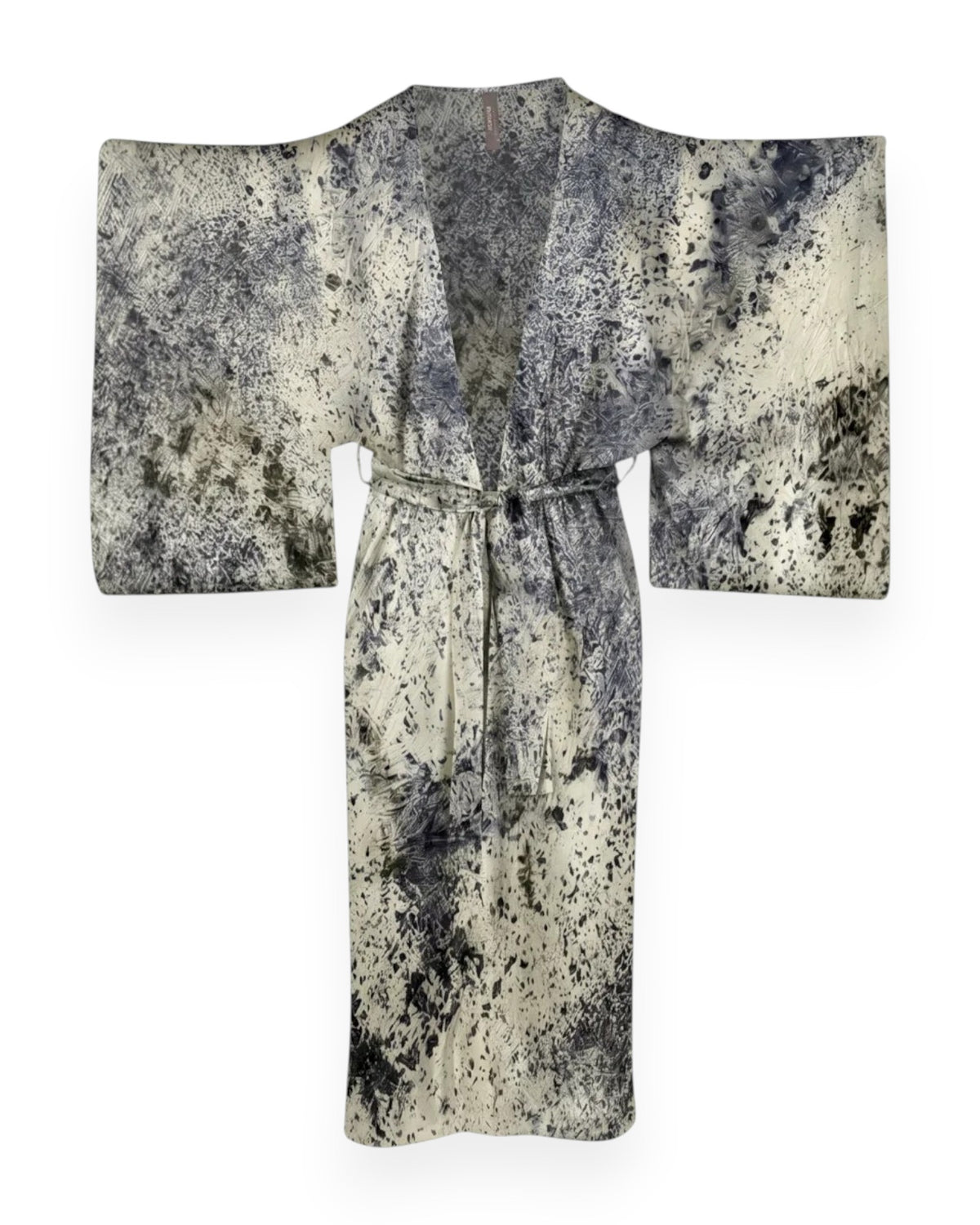 A purple and cream abstract coloured long silk kimono style robe against white background.