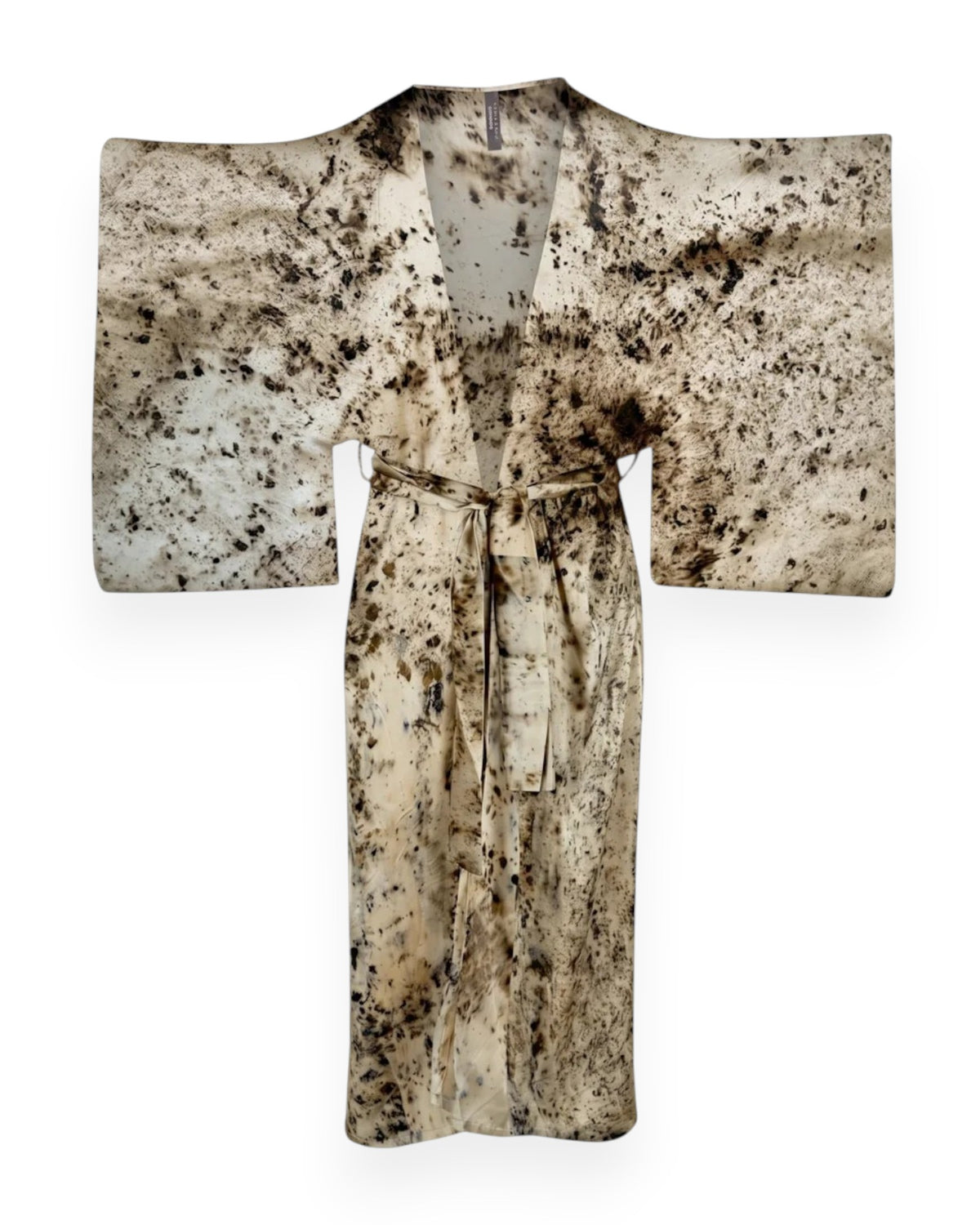 A brown and cream abstract coloured long silk kimono style robe against white background.