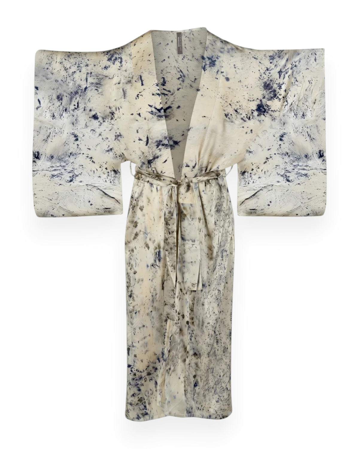 A blue and cream abstract coloured long silk kimono style robe against white background.