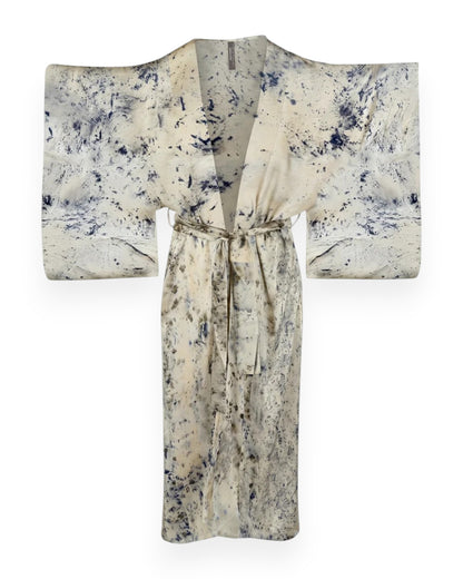 A blue and cream abstract coloured long silk kimono style robe against white background.