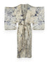 A blue and cream abstract coloured long silk kimono style robe against white background.