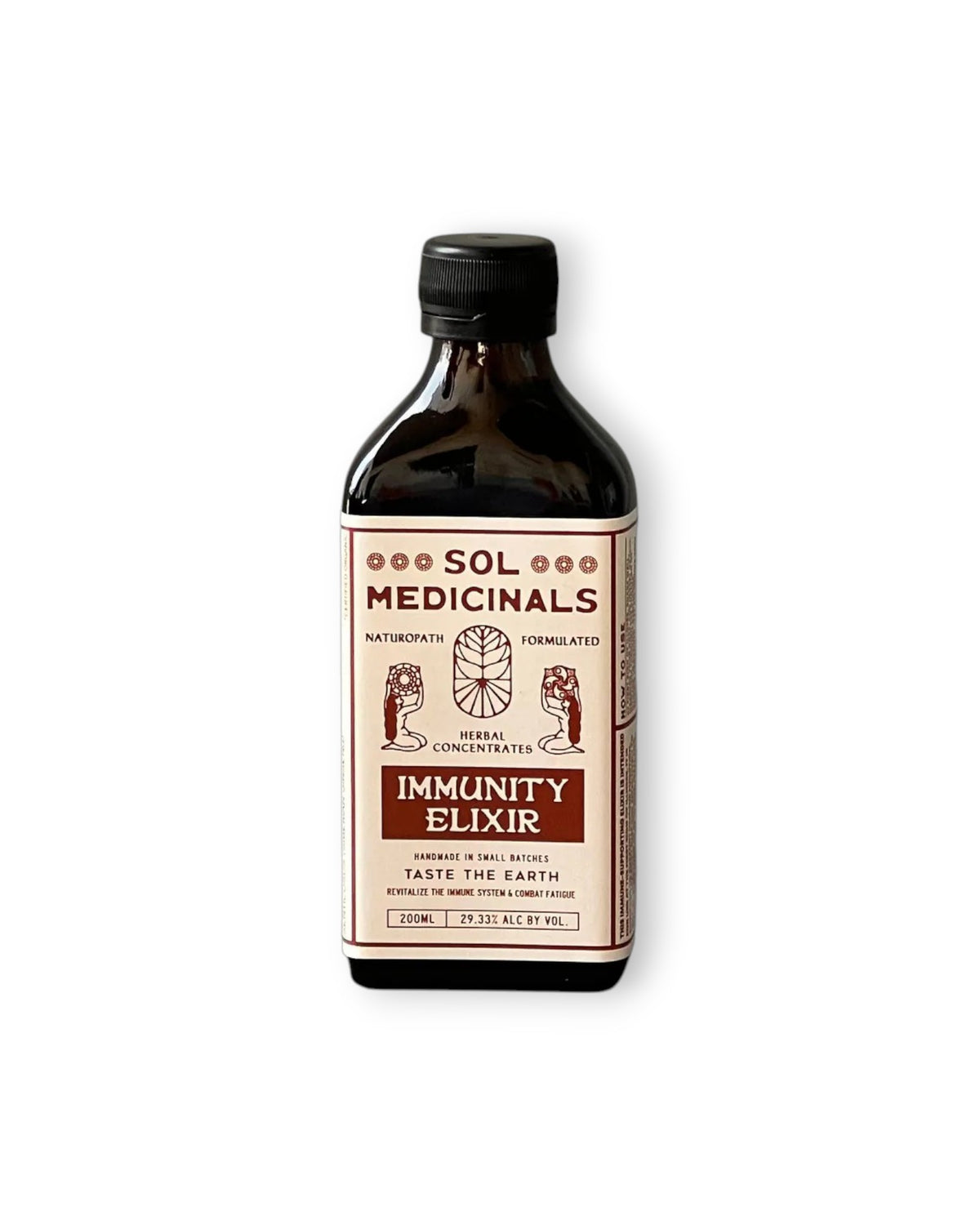 A bottle of Sol Medicinals Immunity Elixir on a clean white background. The product is in an amber glass bottle with a black cap and a cream-coloured label with red and cream text.