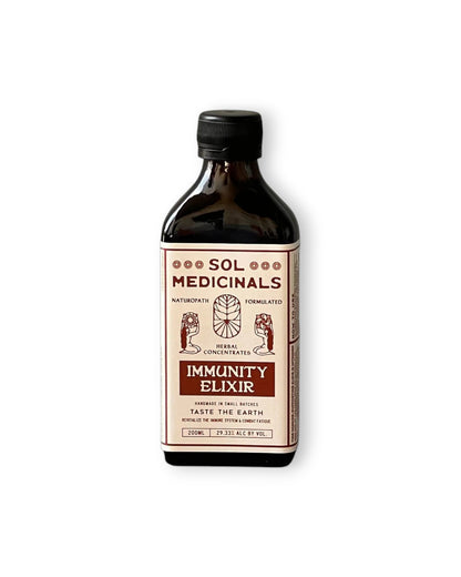 A bottle of Sol Medicinals Immunity Elixir on a clean white background. The product is in an amber glass bottle with a black cap and a cream-coloured label with red and cream text.