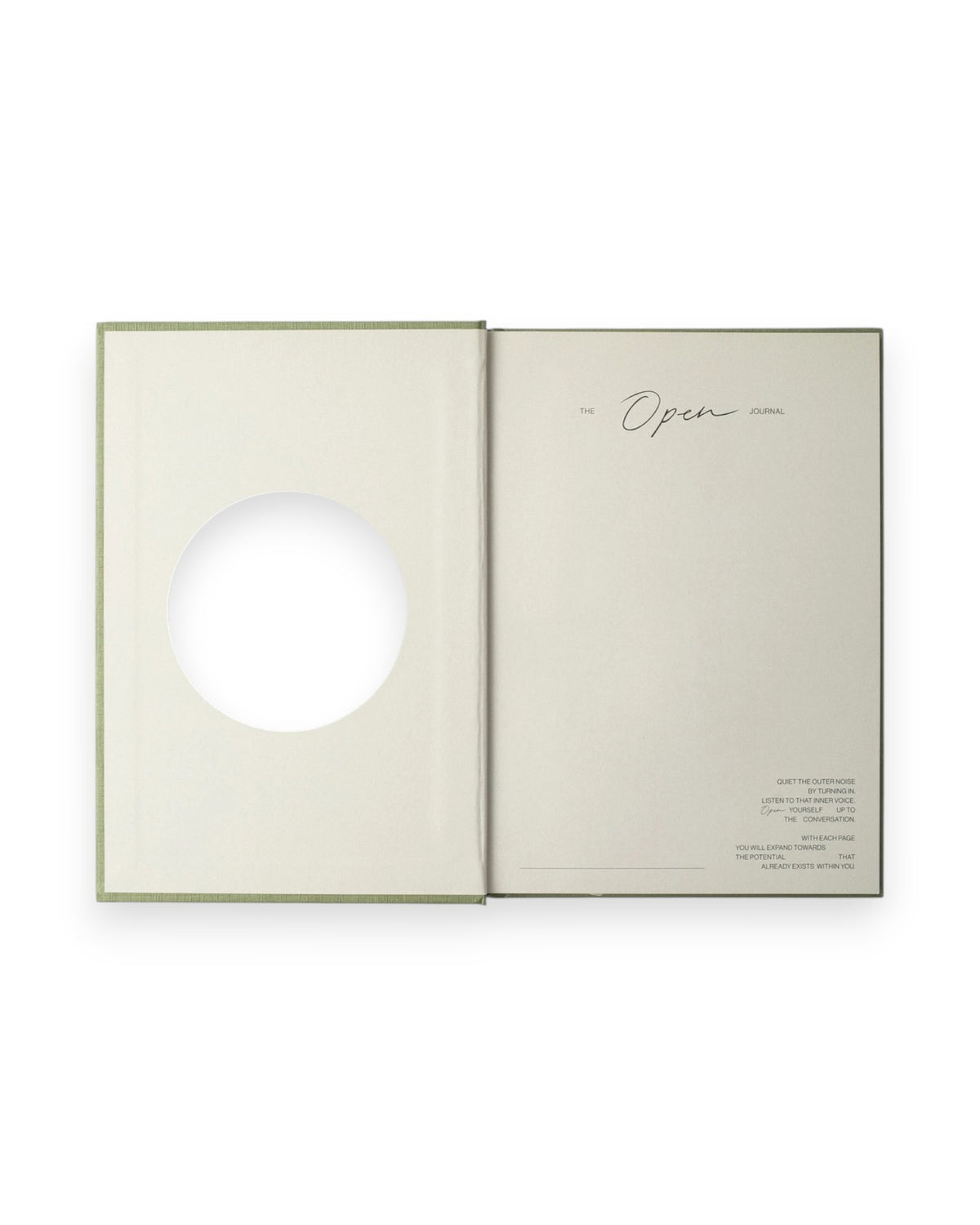 The inside cover spread of a Wilde House Paper moss-coloured, hardcover journal, photographed on a solid white background. 