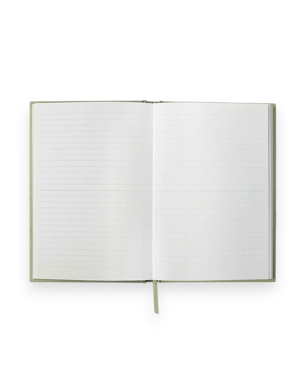 The inside spread of a Wilde House Paper moss-coloured, hardcover journal showing plain lined pages, photographed on a solid white background. 