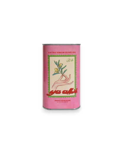 A pink can of Ya Albi Extra Virgin Olive Oil, featuring a vintage-style illustration of a hand holding an olive branch on the front label, set on white background.