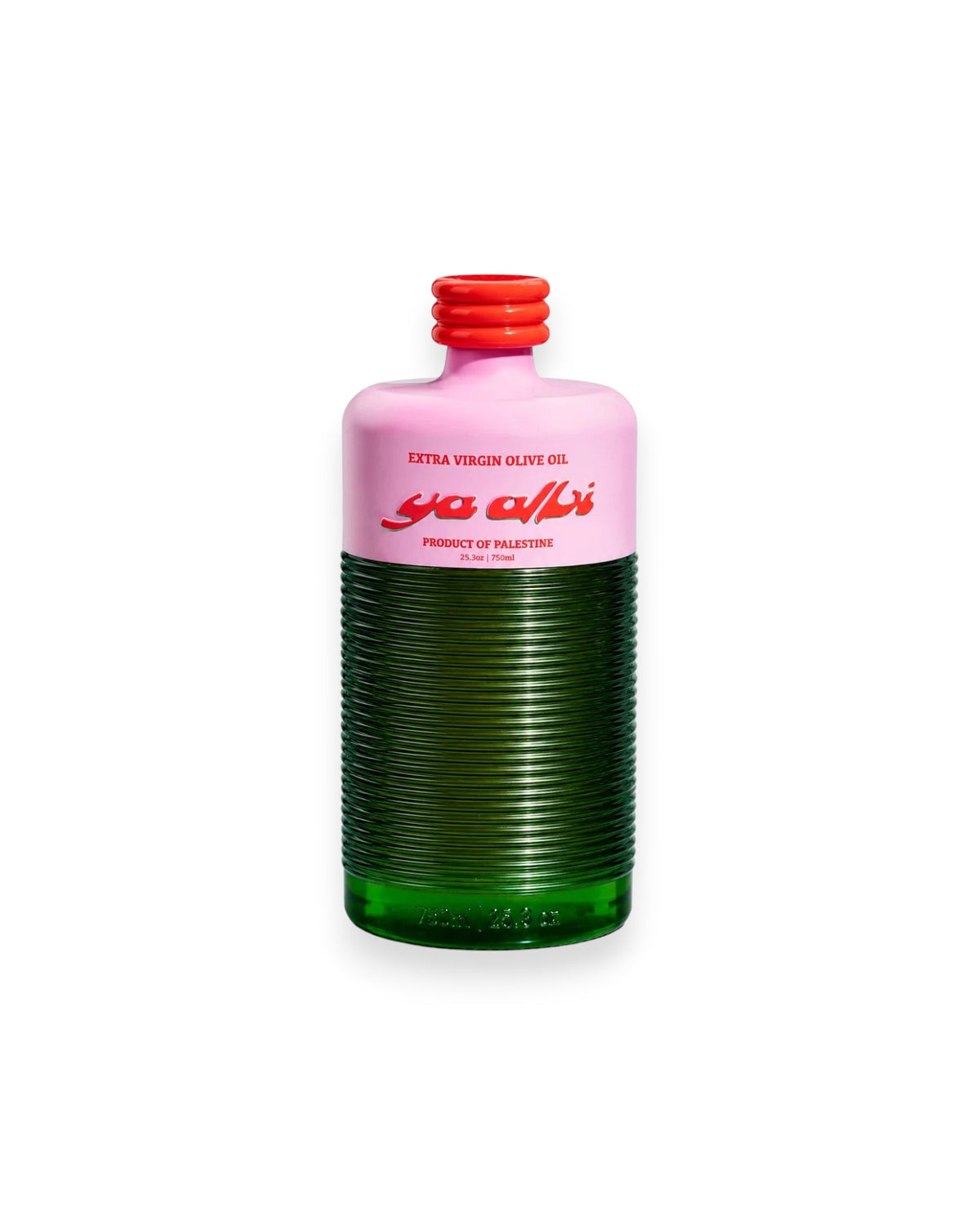 A bottle of Palestinian extra virgin olive oil with a pink upper label, a ribbed dark green bottle body, and a red cap, shown on a white background.