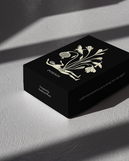 Black rectangular box with an off-white, hand drawn illustration of a body laying horizontally, the head is drawn as a cut piece of fruit and tall stemmed flowers are blooming from the torso. An open-winged bird is on each side of the body bouquet. The word POESIS is written under the illustration. Box is on a textured white table surface with dramatic shadows. 